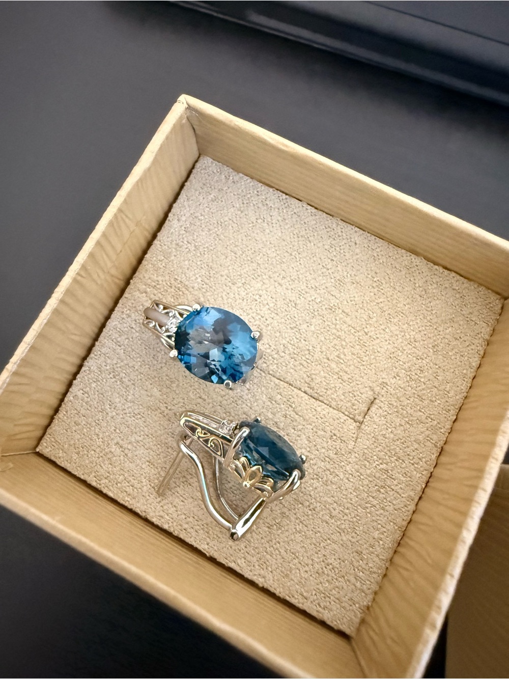 Genuine London Blue Topaz Sterling Silver 925 Two-Tone Leverback Earrings - Picture 11 of 11